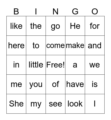 Sight Words Bingo Card