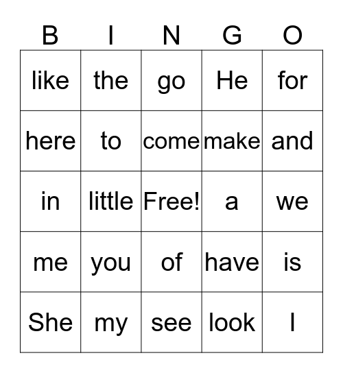 Sight Words Bingo Card