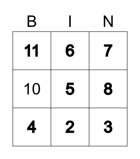 Numbers 1-13 Bingo Card
