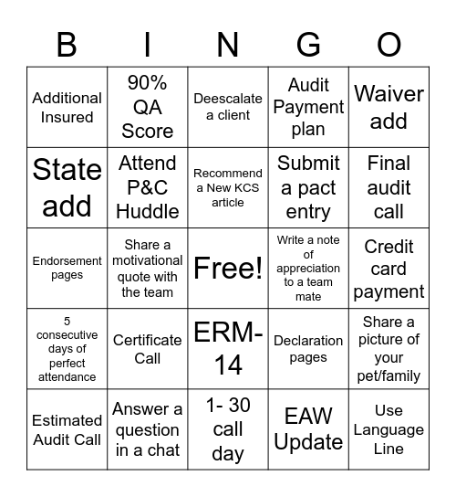 P&C Service Calls Bingo Card