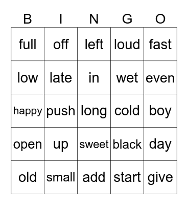 Opposites Bingo Card