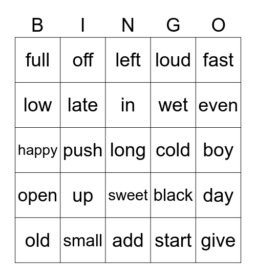 Opposites Bingo Card