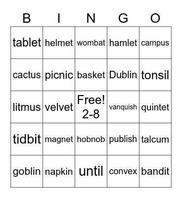 2-8  Two Syllable Words Bingo Card