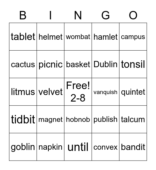 2-8  Two Syllable Words Bingo Card