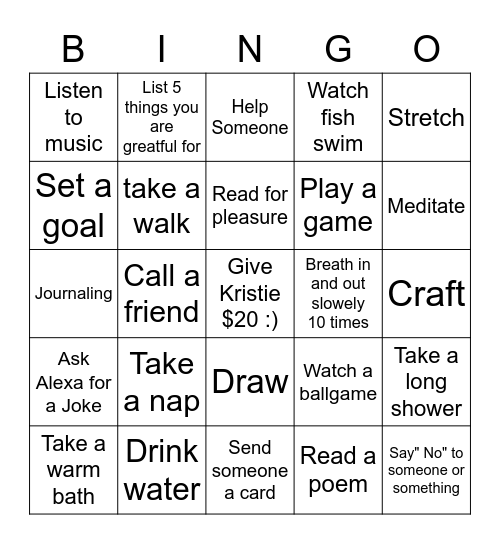 Self-Care Saturday Bingo Card