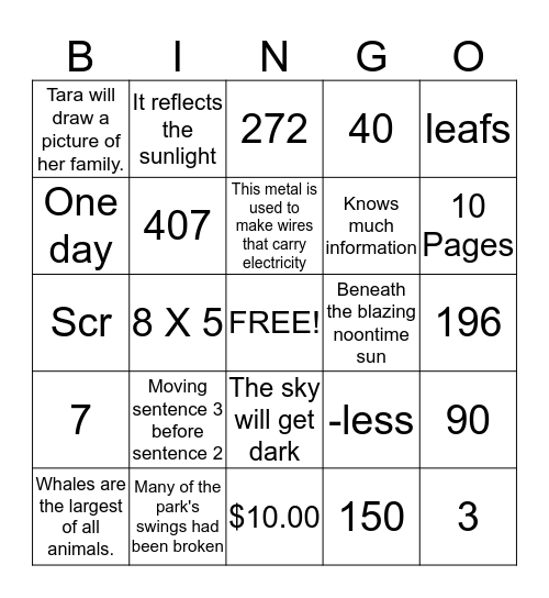 Second Grade Common Assessment Bingo Card