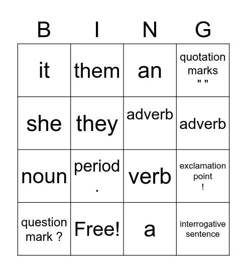 Sentence Bingo Card