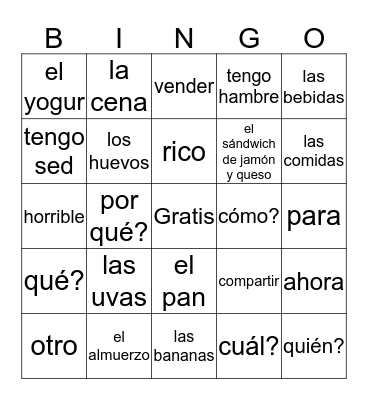 La comida: unidad 3.1 Bingo Card