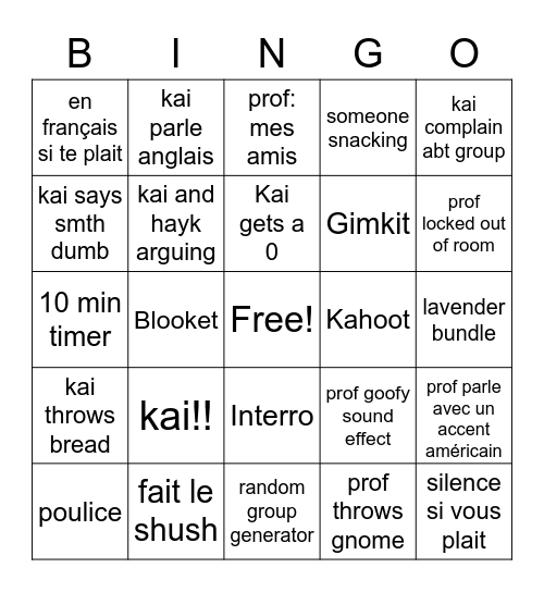 Bingo pour la Classe de Français Bingo Card