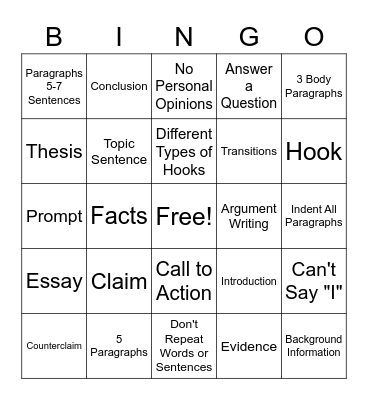 Argument Writing Bingo Card