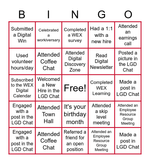 WEX Digital Bingo Card