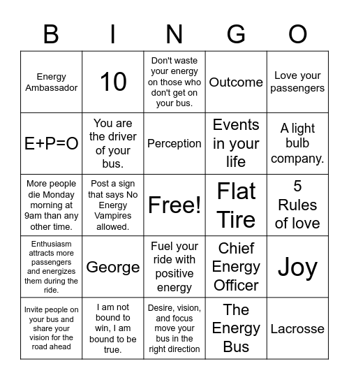 The Energy Bus Bingo Card