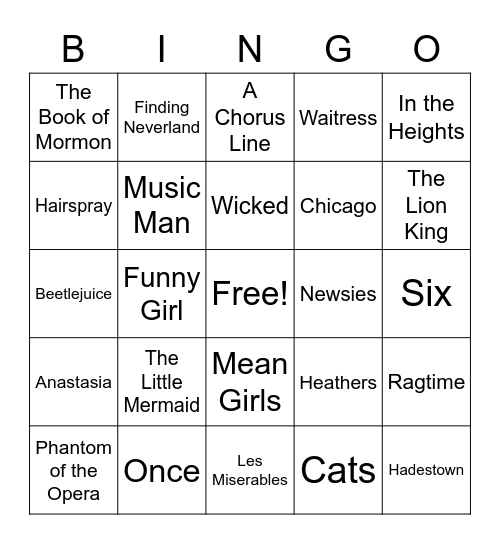 Broadway Musical Bingo Card