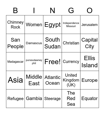 6th Grade February Bingo Card