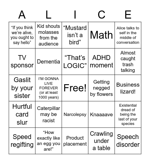 Alice in Wonderland Bingo Card