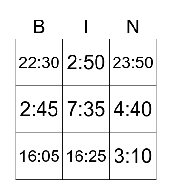 24 Hour Time Bingo Card