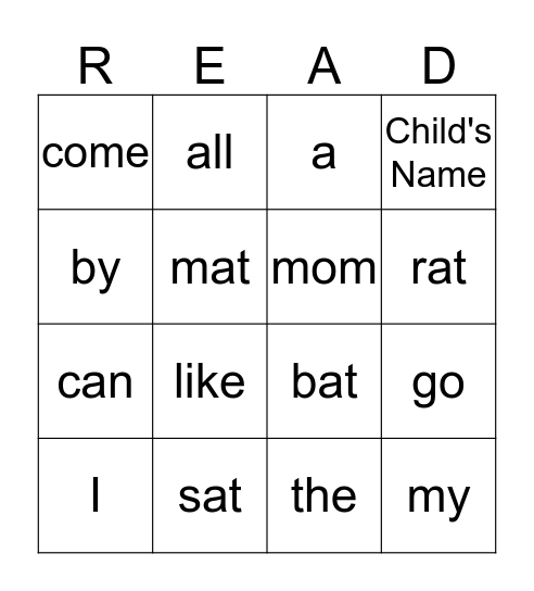 Sight Word Bingo Card