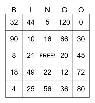 Basic Facts Bingo Card