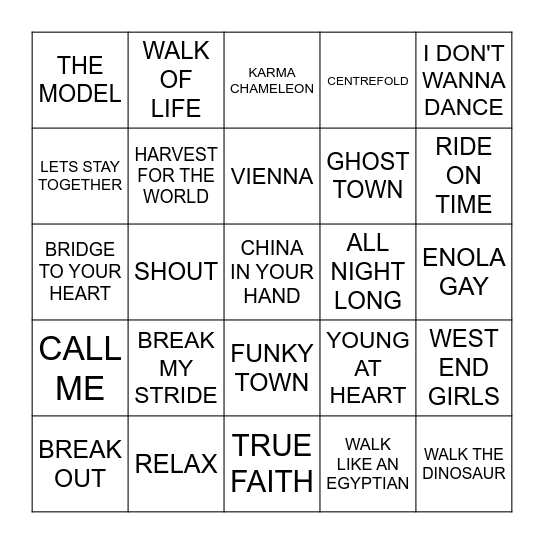 80s Vol 1 Bingo Card