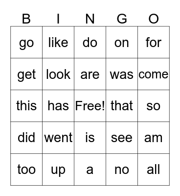 Sight Words Bingo Card