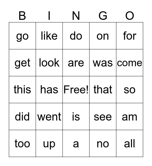 Sight Words Bingo Card