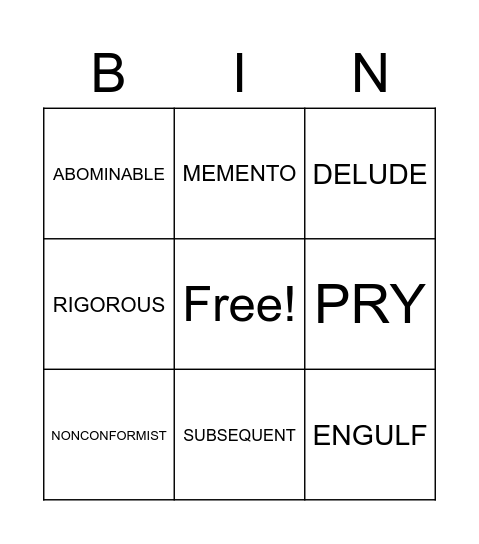 UNIT 10 VOCABULARY Bingo Card