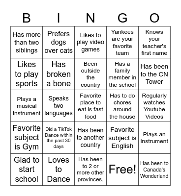 First Day of School Bingo Card