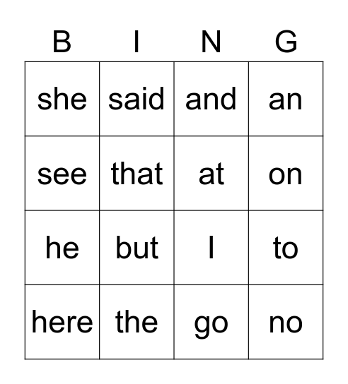 1st Grade Bingo Card