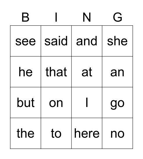 1st Grade Bingo Card