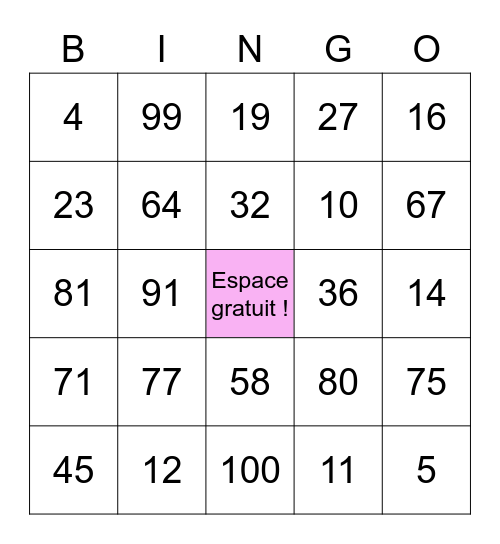 Les numeros Bingo Card
