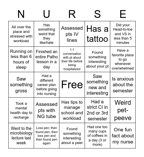 Totally Random Nurse Bingo Card