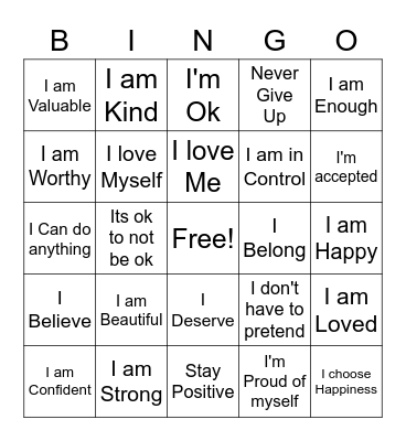 Positive Affirmations Bingo Card