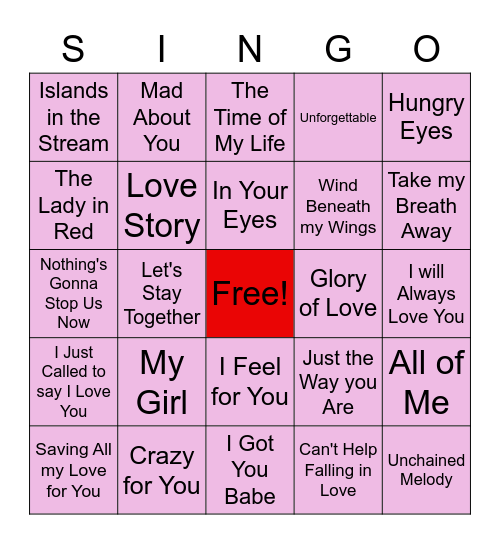 Lovey Dovey Valentine Singo Bingo Card