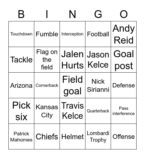 Super Bowl 2023 Bingo Card
