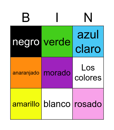 Los colores Bingo Card