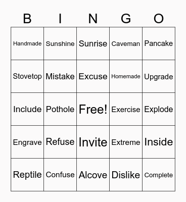 CVCE Syllables Bingo Card