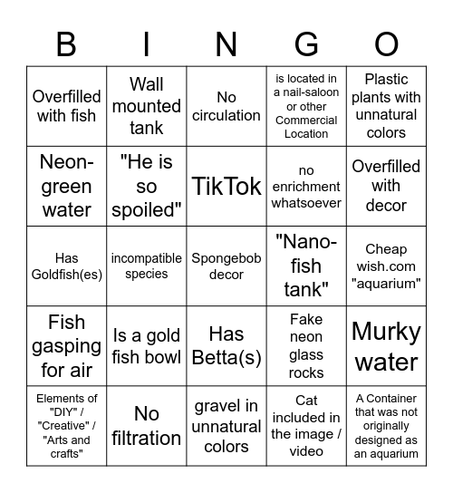 Shitty Aquarium Bingo Card