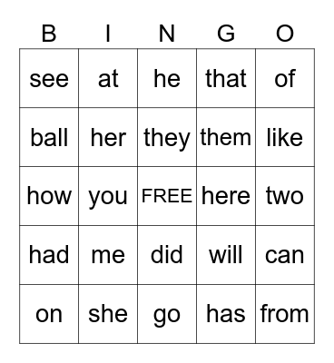 Kinder-Sight Words Bingo Card