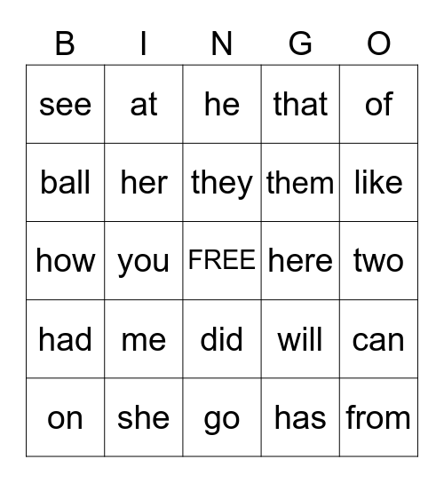 Kinder-Sight Words Bingo Card