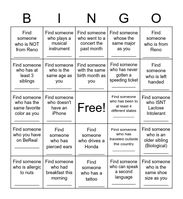 Find a Friend Bingo Card