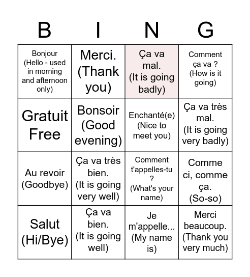 Comment ça va? How are you? Bingo Card