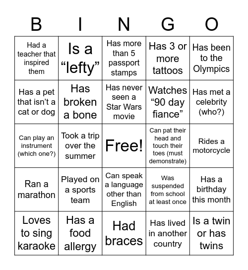 Team Building Bingo Card