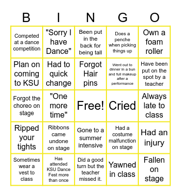 Dancer Bingo! Bingo Card