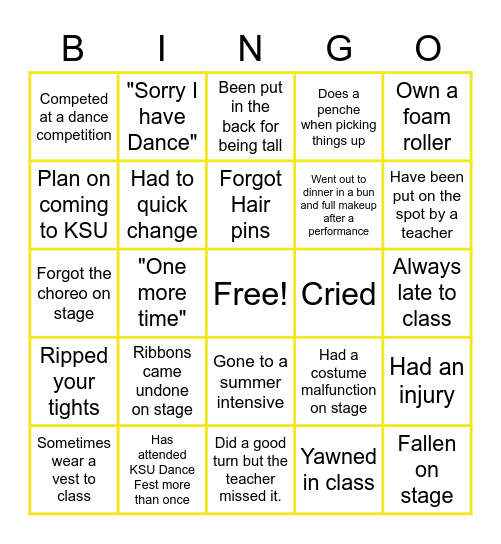 Dancer Bingo! Bingo Card
