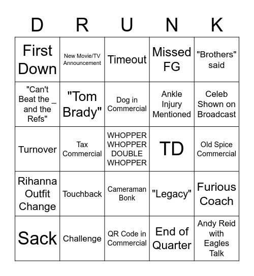 Super Bowl LVII Drinking Game Bingo Card