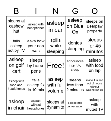 Nap Time Bingo Card