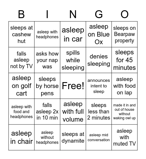 Nap Time Bingo Card