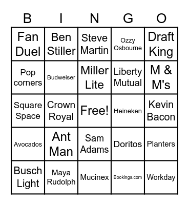 Super Bowl 2023 Commercials Bingo Card