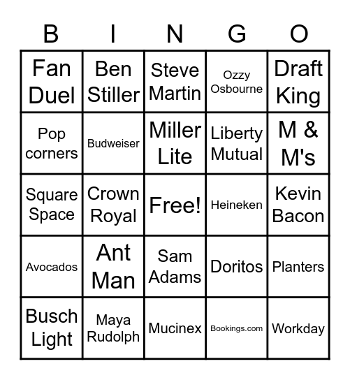 Super Bowl 2023 Commercials Bingo Card