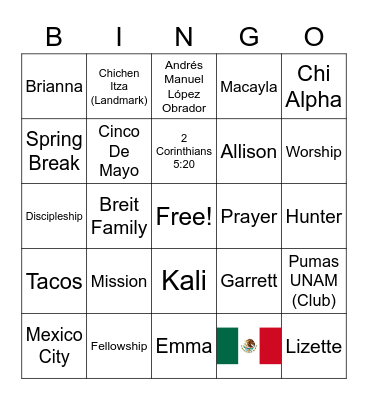 Mexico Missions Trip Bingo Card